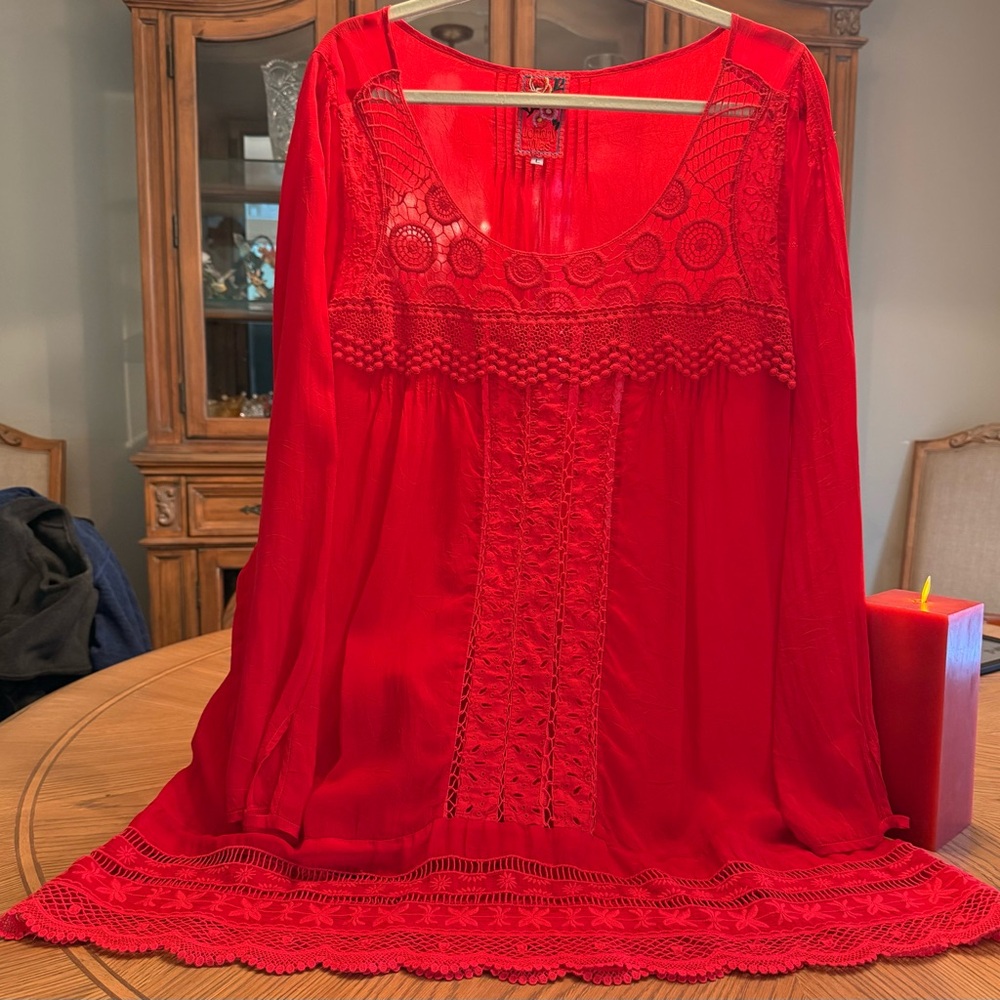 Johnny Was Fire Engine Red Embroidered 
 Tunic. Fabulous for the Holidays!!!